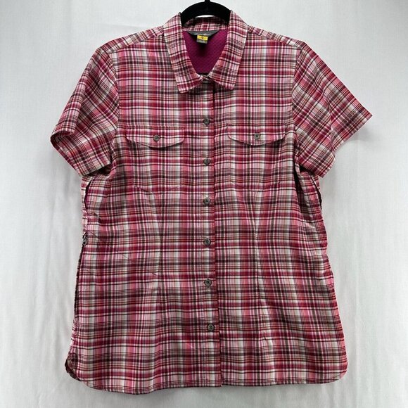 Eddie Bauer Shirt Womens Size M Utility Plaid Button Front Short Sleeve Pink - Picture 1 of 11